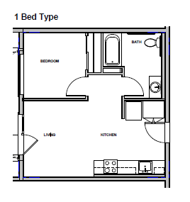 Floor plan for 1 bed, 1 bath, 451 sqft